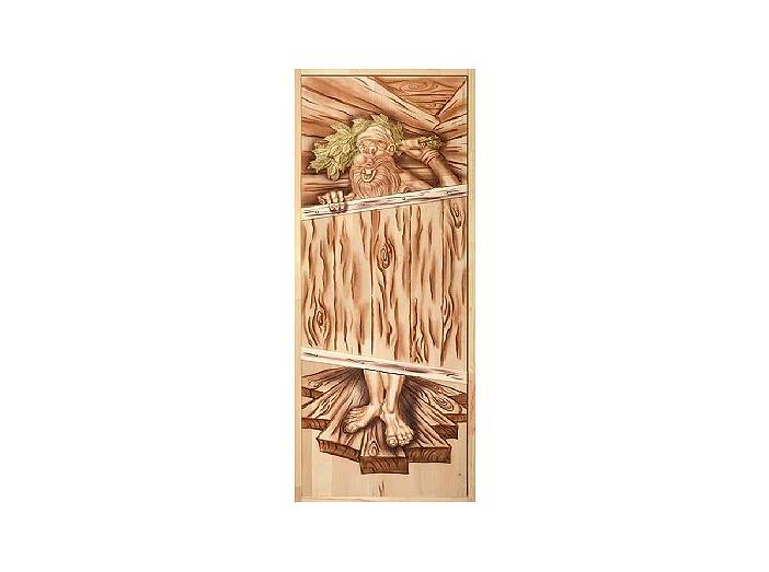 Дверь глухая из цельного массива "Озорной Дед", резное 3D полотно, 1,9х0,7 м, липа Класс А, короб из сосны