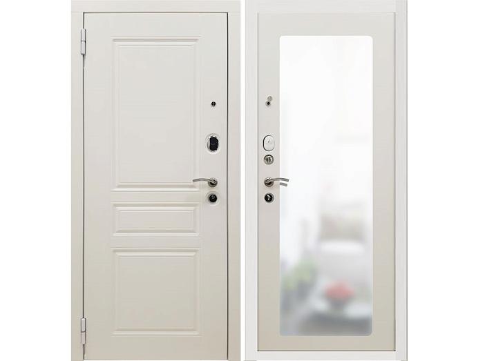 Дверь мет.SD Prof-10 Троя Белая Большое зеркалоRal9003шагрень  белое дерево/белое дерево зеркало 205*86 левая