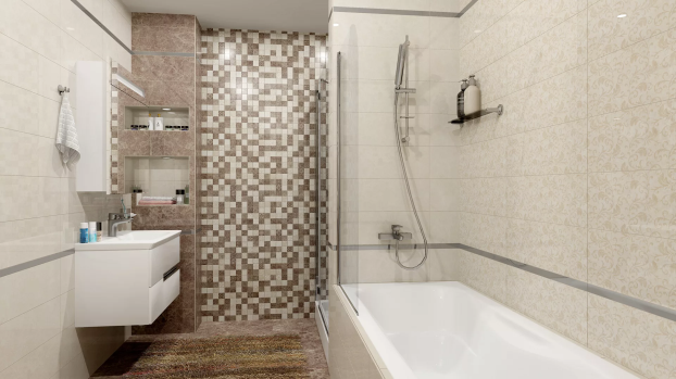 Мозаика и крупноформатная прямоугольная плитка в интерьере маленькой ванной